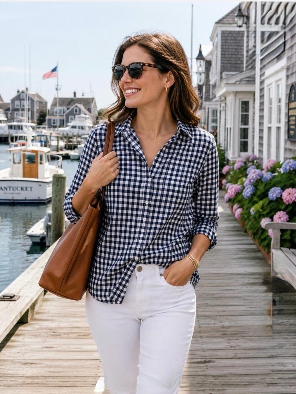 J. Crew Classic Womens Navy‎ Blue White Gingham Cotton Button Down Shirt Size 6
